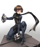  1girl absurdres bodysuit braid breasts brown_hair crown_braid dual_wielding full_body ground_shatter highres holding kelvin_hiu knee_pads kneeling looking_at_viewer niijima_makoto no_mask one_knee persona persona_5 red_eyes scarf short_hair shoulder_pads shoulder_spikes small_breasts solo spiked_knuckles spikes weapon 