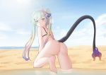  1girl absurdres ass beach bikini bikini_top black_tail blue_hair blue_sky blush bottomless bright_pupils commentary day from_behind gradient_hair highres honkai_(series) honkai_impact_3rd horizon horns lens_flare liliya_olenyeva long_hair looking_at_viewer looking_back lrichle multicolored_hair outdoors purple_eyes pussy single_horn sky solo sun swimsuit tail thick_eyebrows twintails uncensored very_long_hair water 