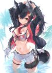  1girl animal_ear_fluff animal_ears armpits arms_up bangs bikini black_choker black_hair black_jacket blush breasts choker cleavage collarbone grey_shorts hair_between_eyes hair_ornament hairclip highres hololive jacket large_breasts long_hair long_sleeves looking_at_viewer matutoki_nara05 miochun multicolored_hair navel ookami_mio open_clothes open_jacket palm_tree panties ponytail red_hair short_shorts shorts side-tie_panties solo standing streaked_hair swimsuit tail tail_wrap tree underwear very_long_hair virtual_youtuber wading water wolf_ears wolf_girl wolf_tail 