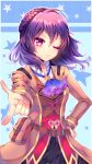  1girl braid crown_braid fault hand_on_hip highres linnea_kataja one_eye_closed pointing pointing_at_viewer purple_eyes purple_hair ritona_reighnvhasta short_hair smile solo star_(symbol) 