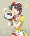  1girl absurdres backwards_hat baseball_cap bird blue_eyes blush_stickers brown_hair cake commentary_request duck fireworks food haniwa_(leaf_garden) happy_birthday hat highres hololive jersey looking_at_viewer one_eye_closed oozora_subaru open_mouth short_hair shorts smile sparkler stopwatch upper_body virtual_youtuber watch 