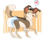 &lt;3 2016 blep blue_eyes canid canine canis coyote diaper female feral fur furgonomics looking_at_viewer mammal multicolored_body multicolored_fur paddedpaws raised_paw raised_tail smile solo tongue tongue_out yellow_sclera 