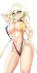  1girl absurdres blonde_hair blue_eyes blush breasts carol_malus_dienheim cleavage closed_mouth covered_nipples hair_between_eyes hand_on_hip highres large_breasts long_hair looking_at_viewer mole mole_under_eye multicolored multicolored_clothes multicolored_swimsuit navel senki_zesshou_symphogear shiny shiny_hair shiny_skin slingshot_swimsuit solo standing swimsuit tessa_1178 