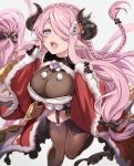  1girl alternate_costume blue_eyes braid breasts cleavage draph feb_itk fur_trim garter_straps gloves granblue_fantasy hair_over_one_eye heart highres horns large_breasts long_hair narmaya_(granblue_fantasy) open_mouth pink_hair pink_pupils pointy_ears pom_pom_(clothes) smile snowman_hair_ornament solo thighhighs tied_hair turtleneck very_long_hair 