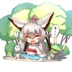  1girl ^_^ absurdly_long_hair animal_ear_fluff animal_ears bangs blush chibi closed_eyes collarbone commentary_request eyebrows_visible_through_hair facing_viewer fox_ears fox_girl fox_tail grey_hair hair_between_eyes high_ponytail highres japanese_clothes kimono long_hair long_sleeves obi open_mouth original ponytail sash simple_background sitting soaking_feet solo sweat tail translation_request tree very_long_hair water white_background white_kimono wide_sleeves yuuji_(yukimimi) 