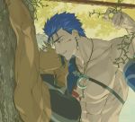  2boys abs archer armor automney bangs bara bare_shoulders blood blood_on_face blue_hair bound bound_wrists brown_eyes chest cu_chulainn_(fate)_(all) dark_skin dark_skinned_male earrings fate/stay_night fate_(series) from_side gae_bolg imminent_kiss jewelry lancer looking_at_viewer male_focus manly moon_necklace multiple_boys muscle necklace open_mouth polearm red_eyes shiny shiny_hair sleeveless smile spear tattoo toned toned_male tree upper_body weapon white_hair yaoi 