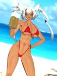  1girl beach beer_mug bikini blue_sky blurry blurry_background breasts cleavage cloud cup dark_skin dutch_angle foxeyeistd glasses hair_between_eyes highleg highleg_bikini highres holding holding_cup kantai_collection large_breasts mug musashi_(kantai_collection) ocean platinum_blonde_hair red_bikini red_eyes short_hair_with_long_locks sky swimsuit tall twintails two_side_up 
