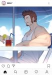  1boy 1other 47 arm_rest bara bare_shoulders beard blue_eyes brown_hair chair chest chest_scar cloud cloudy_sky covered_navel cup day drinking_glass drinking_straw facial_hair fate/grand_order fate_(series) food from_side fruit highres juice lemon lemon_slice looking_at_viewer male_focus manly muscle napoleon_bonaparte_(fate/grand_order) open_mouth outdoors pants pectorals revealing_clothes scar shadow shiny sitting sky summer sunlight table tank_top tight tight_pants umbrella under_umbrella upper_body white_tank_top 