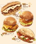  arrow_(symbol) beef bread_bun cheese chicken_(food) english_commentary english_text food hamburger highres lettuce mayonnaise melting nao_(bestrollever) no_humans original paper_towel salad sandwich swiss_cheese tomato 