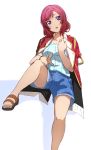  1girl :o blue_shirt blue_shorts bokura_no_live_kimi_to_no_life bracelet collarbone denim denim_shorts hand_on_own_chest highres icehotmilktea invisible_chair jacket jacket_on_shoulders jewelry knee_up looking_at_viewer love_live! love_live!_school_idol_project nishikino_maki purple_eyes red_hair red_jacket sandals shirt short_hair short_sleeves shorts sitting toes 