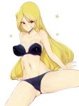  1girl ass_visible_through_thighs bangs bikini black_bikini blonde_hair blush breasts cleavage commentary covered_nipples english_commentary eyelashes ginga_tetsudou_999 highres large_breasts long_hair maetel navel parted_bangs perky_breasts red_eyes slugbox solo spread_legs strapless strapless_bikini sweat swimsuit toned white_background 