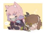  ... 2girls animal_ear_fluff animal_ears bangs black_gloves black_legwear blue_eyes brown_hair cat_ears chibi dog_ears girls_frontline gloves headphones jacket long_hair m4a1_(girls_frontline) multiple_girls pink_hair sidelocks sitting sleeping spoken_ellipsis st_ar-15_(girls_frontline) tail tail_hug two-tone_background white_background yellow_background yuutama2804 zzz 