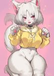  1girl :3 :d ahoge animal_ear_fluff animal_ears animal_nose artist_name banana beige_fur black_choker blush breasts cat cat_ears cat_girl cat_tail choker claws food fruit furry heart highres kneeling large_breasts light_brown_hair looking_to_the_side looking_up medium_hair open_mouth original paw_pose pawpads pink_background pink_eyes simple_background slit_pupils smile solo suurin_(ksyaro) tail thick_thighs thighs twitter_username 
