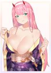  1girl alternate_breast_size bangs bare_shoulders breasts commission darling_in_the_franxx green_eyes hairband horns japanese_clothes kaiend kimono large_breasts long_hair long_sleeves looking_at_viewer no_bra obi oni_horns open_clothes open_kimono pink_hair purple_kimono red_horns sash simple_background smile solo straight_hair undressing very_long_hair white_background white_hairband wide_sleeves zero_two_(darling_in_the_franxx) 