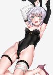  1girl :d absurdres animal_ears arm_belt armpits arms_up bandaged_arm bandages bangs bare_shoulders black_gloves black_leotard blush breasts bunny_ears bunny_pose bunnysuit covered_navel elbow_gloves eyebrows_visible_through_hair facial_scar fantia_reward fate/apocrypha fate_(series) fingerless_gloves gloves green_eyes high_heels highleg highleg_leotard highres jack_the_ripper_(fate/apocrypha) kneeling leotard looking_at_viewer open_mouth orochi_itto paid_reward purple_footwear scar scar_across_eye scar_on_cheek short_hair simple_background single_elbow_glove single_glove small_breasts smile solo thigh_strap thighs upper_teeth white_hair 