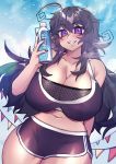  absurdres ahoge blush bottle breasts cleavage eyebrows eyebrows_visible_through_hair fangs highres huge_breasts lewdweather long_hair nail_polish navel nyarla_(osiimi) original osiimi plump purple_eyes purple_hair purple_nails sidelocks smile summer thick_thighs thighs water_bottle 