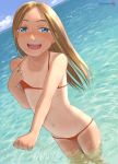  1girl bangs bare_arms bare_shoulders bare_thighs beach bikini bikini_tug blonde_hair blue_eyes blush body_freckles child cleft_of_venus cloud collarbone flat_chest freckles highres long_hair looking_at_viewer micro_bikini mu-pyon navel ocean old_school_swimsuit one-piece_tan original outdoors parted_bangs partially_submerged school_swimsuit sky smile solo swimsuit tan tanline twitter_username upper_teeth water wet 