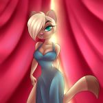  1:1 anthro beauty_mark breasts cleavage clothed clothing curtains dress female hair hi_res mammal mustela mustelid musteline nivarra solo stoat 
