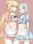  2girls :d absurdly_long_hair aleister_crowley anoshabu apron arms_behind_back bangs blonde_hair blue_eyes blue_jacket blue_skirt blush breasts choker cowboy_shot cropped_jacket eyebrows_visible_through_hair frilled_apron frilled_choker frilled_skirt frills green_eyes highres jacket large_breasts laura_stuart long_hair looking_at_viewer looking_down medium_breasts midriff miniskirt multiple_girls navel open_mouth parted_bangs pink_background pink_jacket pink_skirt pleated_skirt puffy_short_sleeves puffy_sleeves short_sleeves sidelocks silver_hair simple_background skindentation skirt smile thighhighs to_aru_majutsu_no_index to_aru_majutsu_no_index:_new_testament uniform very_long_hair waitress white_legwear zettai_ryouiki 