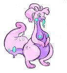  2019 absurd_res antennae_(anatomy) anthro areola belly blue_eyes bodily_fluids breasts curled_tail dragon drooling eyelashes female goo_creature goodra hair hi_res inverted_nipples keffotin long_neck long_tongue nintendo nipples nude pok&eacute;mon pok&eacute;mon_(species) purple_body saliva sketch smile solo thick_thighs tongue tongue_out video_games 