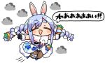  1girl :d =_= animal_ear_fluff animal_ears bangs black_gloves black_leotard blue_hair blush_stickers braid brown_legwear bunny_ears carrot_hair_ornament chibi closed_eyes cloud dress eyebrows_visible_through_hair facing_viewer flying food_themed_hair_ornament full_body fur-trimmed_dress fur-trimmed_gloves fur_trim gloves hair_ornament hololive kanikama leotard lowres open_mouth outstretched_arms pantyhose short_eyebrows sidelocks simple_background smile solo spread_arms thick_eyebrows translation_request twin_braids twintails usada_pekora virtual_youtuber white_background white_dress white_hair 