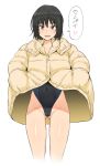  1girl amagami ass_visible_through_thighs bangs black_hair black_swimsuit bob_cut brown_coat brown_eyes coat coat_lift collarbone commentary competition_swimsuit cowboy_shot groin hair_strand hands_in_pockets heart henriiku_(ahemaru) highleg highleg_swimsuit hood hood_down looking_at_viewer messy_hair nanasaki_ai one-piece_swimsuit short_hair simple_background smile solo speech_bubble spoken_heart standing swimsuit swimsuit_under_clothes thigh_gap translated white_background 