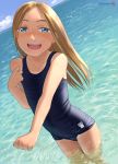  1girl bangs bare_arms bare_shoulders bare_thighs beach blonde_hair blue_eyes blush body_freckles cloud collarbone flat_chest freckles highres long_hair looking_at_viewer mu-pyon ocean old_school_swimsuit original outdoors parted_bangs partially_submerged school_swimsuit sky smile solo swimsuit tan tanline twitter_username upper_teeth water wet 