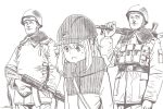 1girl 2boys ak-74 assault_rifle brown_theme character_request closed_mouth dated gun helmet holding holding_gun holding_weapon horikou kagamihara_nadeshiko long_sleeves military military_jacket military_uniform monochrome multiple_boys over_shoulder parted_lips pouch real_life rifle signature simple_background smile soldier soviet soviet_union sweatdrop uniform weapon weapon_over_shoulder white_background yurucamp 
