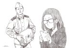  1boy 1girl blood brown_theme cellphone character_request d: dated first_aid_kit glasses holding holding_phone horikou long_sleeves medium_hair military military_jacket military_uniform monochrome nosebleed oogaki_chiaki opaque_glasses open_mouth phone real_life signature simple_background smartphone soldier soviet soviet_army soviet_union uniform white_background yurucamp 