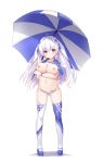 1girl absurdres blue_capelet blue_legwear blue_panties breasts capelet checkered checkered_panties collarbone full_body highres holding holding_umbrella jan_(janpx2012) large_breasts long_hair mismatched_legwear multi-strapped_panties multicolored multicolored_clothes multicolored_legwear multicolored_panties navel nipples original panties race_queen red_eyes simple_background solo thighhighs topless two_side_up umbrella underwear white_background white_hair white_legwear white_panties wristband 