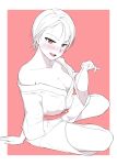  1girl :d arm_support blush bottle breasts drunk hi_iro holding large_breasts looking_at_viewer mole mole_on_breast mole_under_eye monochrome off_shoulder open_mouth original red_background red_theme sake_bottle sash short_hair simple_background sitting smile solo spot_color yokozuwari 
