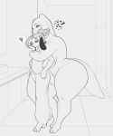  &lt;3 anthro big_breasts black_and_white bottomwear breasts canid canine canis clothed clothing conditional_dnp curled_hair curvy_figure domestic_dog duo eyebrows female floppy_ears frown hair half-closed_eyes hand_on_stomach hi_res holding_pants hug hugging_from_behind larger_female long_tail male male/female mammal mink monochrome mustelid musteline narrowed_eyes navel panties pants sad size_difference skinny smaller_male thought_bubble tile_floor topless underwear voluptuous wide_hips xopachi 