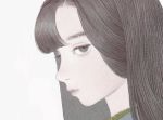  1girl bangs brown_hair closed_mouth expressionless eyebrows eyelashes from_behind grey_background grey_eyes lips long_hair looking_at_viewer looking_to_the_side matayoshi negative_space nose original pale_skin parted_bangs portrait profile simple_background solo straight_hair 
