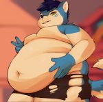  2020 anthro belly big_belly blurred_background canid canine clothed clothing gesture hand_on_stomach hi_res looking_at_viewer looking_down male mammal moobs navel obese obese_anthro obese_male overweight overweight_male sheebu solo standing topless torn_underwear v_sign wintie_snowflake young 