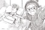  1boy 1girl :d bangs beanie bed blunt_bangs brown_theme bunk_bed character_request closed_mouth cyrillic dated fan glasses hat holding horikou long_sleeves looking_at_viewer lying military military_jacket military_uniform monochrome notepad o_o on_back open_mouth paper_fan pillow real_life round_teeth russian_text signature smile soldier solid_circle_eyes soviet soviet_army soviet_union teeth translation_request uniform yurucamp 