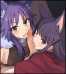  1boy 2girls animal_ear_fluff animal_ears bangs bare_shoulders blunt_bangs blush breasts brown_eyes capelet censored collar dog_ears dog_girl erection extra_ears fellatio ffm_threesome fur_trim group_sex hetero kasumi_(princess_connect!) large_breasts licking_penis long_hair looking_at_viewer makoto_(princess_connect!) metal_collar mobu mosaic_censoring multiple_fellatio multiple_girls open_mouth oral out_of_frame penis princess_connect! princess_connect!_re:dive purple_eyes purple_hair red_capelet revision sidelocks threesome tongue tongue_out wolf_ears wolf_girl 