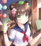  1girl :o animal animal_ears animal_on_shoulder bangs blue_sailor_collar blurry blurry_background blush breasts brown_hair commentary_request depth_of_field eyebrows_visible_through_hair flower green_eyes hair_between_eyes hair_flower hair_ornament hand_up holding kohinata_hoshimi leaf leaf_on_head long_hair looking_at_viewer low_twintails neckerchief original parted_lips pink_flower raccoon_ears red_neckwear sailor_collar school_uniform serafuku shirt short_sleeves small_breasts solo tanuki twintails upper_body very_long_hair white_shirt 
