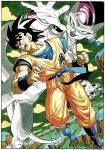  2boys angry black_hair blue_footwear boots border clenched_hand clothes_writing cloud cloudy_sky collarbone commentary dark_skin dark_skinned_male day dougi dragon_ball dragon_ball_z dutch_angle evil_smile fighting_stance fingernails frieza frown full_body grass green_sky highres island lake looking_at_viewer looking_to_the_side male_focus messy_hair multiple_boys muscle official_art open_mouth outdoors outstretched_hand red_eyes screaming shiny shiny_hair shiny_skin sky smile son_gokuu spiked_hair teeth toriyama_akira tree v-shaped_eyebrows water white_border 