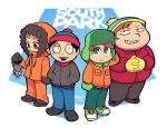  4boys black_hair blonde_hair blush brown_hair closed_mouth coat copyright_name english_commentary eric_cartman gloves green_eyes grin hands_in_pockets hat highres hood hood_up interlocked_fingers kenny_mccormick kyle_broflovski long_sleeves male_focus mittens multiple_boys open_mouth orange_hair pants pocket rariatto_(ganguri) simple_background smile south_park stan_marsh standing twitter_username 