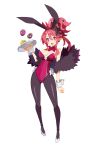  1girl animal_ears black_legwear bow bowtie breasts bunny_ears bunny_tail bunnysuit cleavage disgaea disgaea_rpg earrings easter_egg egg fake_animal_ears fake_tail fang full_body high_heels holding holding_tray jewelry large_breasts leotard long_hair official_art open_mouth pantyhose pink_eyes pink_hair pink_leotard pointy_ears pumps sea_angel_(disgaea) seraphina_(disgaea) solo strapless strapless_leotard tail transparent_background tray updo white_footwear wrist_cuffs 