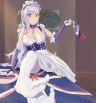  1girl azur_lane belfast_(azur_lane) black_choker blurry blurry_background blush breasts chain choker cleavage commentary_request dress elbow_gloves feet gloves large_breasts long_hair maid_headdress pantyhose pov pov_hands purple_eyes purple_gloves qingjiao_rou_si shoes_removed silver_hair sitting smile solo_focus white_dress white_gloves white_legwear world_map 
