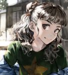  1girl audrey_hepburn bangs blue_jacket blunt_bangs blurry blurry_background braid braided_bun brown_hair closed_mouth code-aa curly_hair day depth_of_field facing_viewer fine_art_parody green_shirt hair_bun half_updo idolmaster idolmaster_cinderella_girls idolmaster_cinderella_girls_starlight_stage jacket kamiya_nao looking_to_the_side medium_hair off-shoulder_jacket outdoors parody red_eyes shirt solo star_(symbol) t-shirt thick_eyebrows 