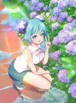  1girl blue_eyes blue_hair double_bun flower from_above hatsune_miku hatsune_miku_(vocaloid4)_(chinese) highres hydrangea looking_at_viewer looking_up puddle reflection solo squatting thighs twintails vocaloid yu-ame 