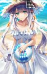  1girl bangs beach blue_eyes blue_sky blurry blurry_background breasts closed_mouth collarbone dress eyebrows_visible_through_hair fate/grand_order fate_(series) hat highres long_dress long_hair looking_at_viewer marie_antoinette_(fate/grand_order) medium_breasts nikek96 outdoors silver_hair sky sleeveless sleeveless_dress smile solo sun_hat twintails very_long_hair white_dress 