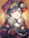  1boy androgynous bow christmas_ornaments drawr finger_to_mouth hat heterochromia looking_at_viewer male_focus merry_christmas nishihara_isao original purple_eyes purple_hair short_hair solo star_(symbol) wool yellow_eyes 