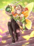  1girl blonde_hair bug butterfly closed_mouth company_name copyright_name fairy_wings fire_emblem fire_emblem_cipher fire_emblem_heroes full_body gradient_hair hairband i-la insect multicolored_hair official_art peony_(fire_emblem) pointy_ears purple_eyes sitting smile solo stairs wings 