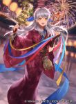  1girl :d aerial_fireworks animal animal_print bangs bell bird bridal_gauntlets bug butterfly butterfly_print copyright_name festival fire_emblem fire_emblem:_radiant_dawn fire_emblem_cipher fire_emblem_heroes fireworks full_body holding insect japanese_clothes jingle_bell kagura_suzu kimono lantern long_hair looking_at_viewer mayo_(becky2006) micaiah_(fire_emblem) night night_sky obi official_art open_mouth paper_lantern sash silver_hair sky smile solo standing summer_festival teeth wide_sleeves yellow_eyes yukata yune_(fire_emblem) 