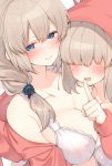  2girls blue_eyes blush bra breasts cleavage commentary finger_to_mouth hair_over_eyes large_breasts looking_to_the_side medium_hair mother_and_daughter multiple_girls nekoume official_art open_mouth red_hoodie red_sweater sweater underwear uzaki-chan_wa_asobitai! uzaki_tsuki uzaki_yanagi white_bra 