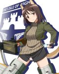 1girl ammo_box animal_ears bangs black_shirt brown_eyes brown_hair brown_sweater closed_mouth commentary_request cropped_jacket crotch_seam diffraction_spikes dog_ears dog_tail drawing_sword emblem floating green_jacket gun head_tilt highres holding holding_gun holding_sword holding_weapon isle_of_wight_detachment_group_(emblem) jacket kadomaru_misa kaneko_(novram58) long_sleeves looking_at_viewer medium_hair no_pants panties partial_commentary ribbed_sweater shirt silhouette smile solo striker_unit sweater sword tail turtleneck turtleneck_sweater underwear weapon white_panties world_witches_series 