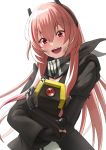  1girl anger_vein bangs black_gloves black_jacket black_scarf dinergate_(girls_frontline) eyebrows_visible_through_hair fang fingerless_gloves girls_frontline gloves hair_between_eyes headgear holding jacket krs_(karasu) long_hair long_sleeves m4_sopmod_ii_(girls_frontline) multicolored_hair open_mouth pink_hair prosthesis prosthetic_arm red_eyes red_hair ro635_(dinergate) scarf simple_background single_glove streaked_hair upper_body white_background 